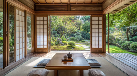 A serene Japanese tea room featuring a beautiful garden view. The wooden interior and tatami mats create a peaceful atmosphere perfect for relaxation.の素材