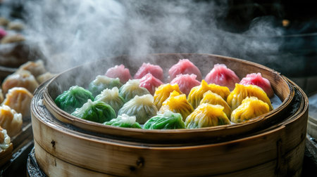 A vibrant assortment of colorful dumplings steam in a bamboo basket, showcasing a variety of flavors and textures. Perfect for culinary enthusiasts.の素材