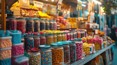 A vibrant array of jars filled with colorful candies at a market stall, showcasing the sweetness and fun of a lively shopping experience.の素材