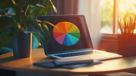 A vibrant color wheel displayed on a laptop sits on a wooden desk, surrounded by plants and illuminated by natural sunlight, perfect for design inspiration.の素材