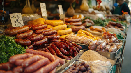 A vibrant assortment of sausages displayed at a bustling market stall, showcasing a variety of textures and colors, perfect for food enthusiasts.の素材