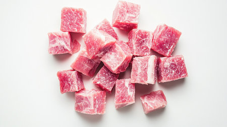 Fresh cut pork cubes arranged on a white surface, perfect for culinary use. Ideal for various recipes and presentations in cooking and food photography.の素材