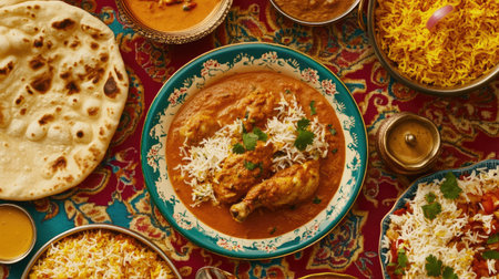 A vibrant display of Indian cuisine featuring chicken curry, fragrant rice, and naan, beautifully arranged on a colorful tablecloth for a delightful dining experience.の素材