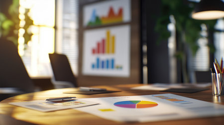A bright office table displaying charts and reports, accented by natural light. Ideal for business, analytics, and professional workspace themes.の素材