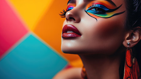 Stunning close-up portrait showcasing colorful makeup artistry. The vibrant colors and unique design highlight the model's beauty and creativity in fashion photography.の素材