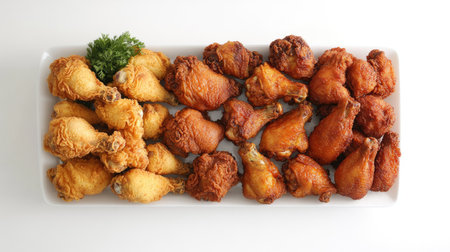 A beautifully arranged platter of crispy fried chicken featuring a variety of flavors and textures, perfect for gatherings, parties, or family dinners.の素材
