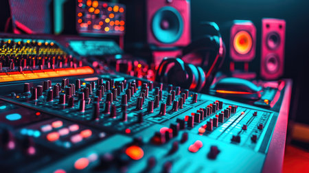 A vibrant and modern music production studio featuring audio equipment, mixing console, headphones, and colorful lighting, perfect for creativity and sound design.の素材