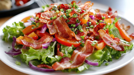 A delicious salad featuring crispy bacon, fresh greens, and vibrant vegetables. Perfect for a healthy meal or as a side dish for various occasions.の素材
