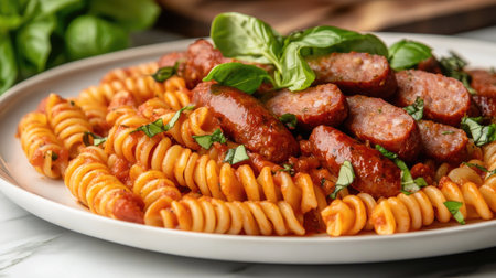 A delicious plate of spiral pasta topped with savory sausages and fresh basil. Perfect for showcasing Italian cuisine in a cozy dining setting.の素材