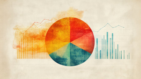Vibrant and artistic depiction of data visualization featuring a pie chart and various graphs, perfect for business and marketing presentations.の素材
