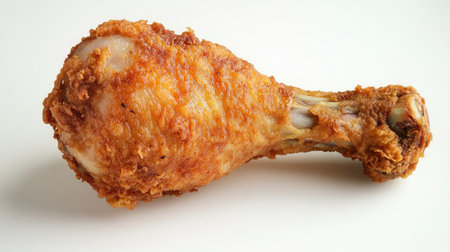 A close-up view of a crispy fried chicken drumstick, showcasing its golden-brown and crunchy texture. Perfect for food lovers and culinary enthusiasts.の素材