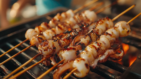 This image showcases succulent shrimp and squid skewers grilling on an open flame, perfect for summer gatherings. Ideal for food enthusiasts.の素材