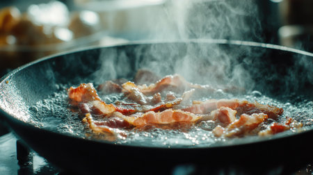 A close-up view of bacon sizzling in a hot pan, surrounded by steam and oil. The scene captures the savory aroma of an inviting breakfast preparation.の素材