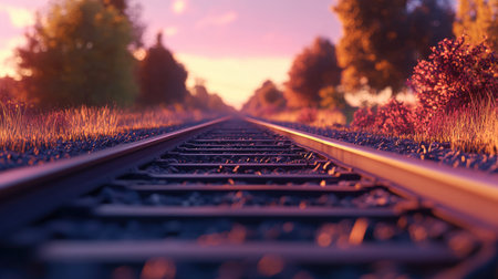 A captivating view of railway tracks stretching into the vibrant sunset. The autumn scenery features colorful trees and a warm atmosphere, perfect for travel themes.の素材