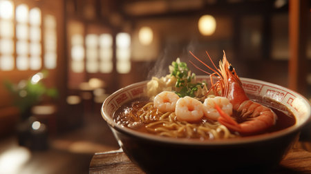 A steaming bowl of shrimp noodles showcases fresh ingredients and warm ambiance, perfect for food enthusiasts seeking authentic dining experiences.の素材