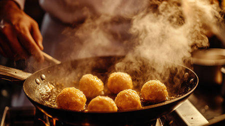 A skilled chef prepares mouth-watering fried food in a bustling kitchen. The steam and heat create an aromatic ambiance, highlighting culinary artistry.の素材