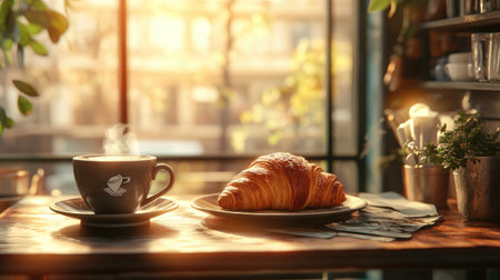 A cozy breakfast scene featuring a steaming cup of coffee and a flaky croissant on a wooden table, illuminated by soft morning light and surrounded by greenery.の素材
