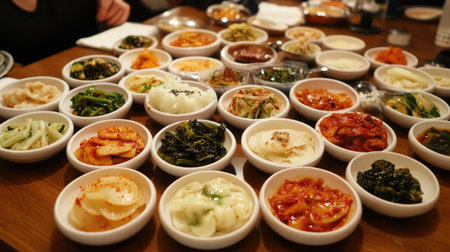 A vibrant display of assorted Korean side dishes arranged on a dining table, showcasing the colorful variety and rich culinary traditions. Perfect for food lovers.の素材