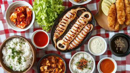 Discover a vibrant assortment of grilled seafood and accompanying dishes, showcasing fresh ingredients and diverse flavors perfect for sharing and enjoying.の素材