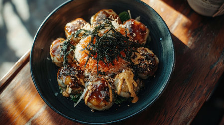 Indulge in this delicious gourmet dish featuring flavorful Asian dumplings, beautifully garnished with fresh ingredients and rich sauces, perfect for any occasion.の素材