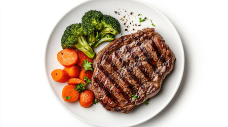 A beautifully presented grilled steak served with fresh carrots and steamed broccoli. This vibrant dish emphasizes healthy eating and delicious flavors.の素材