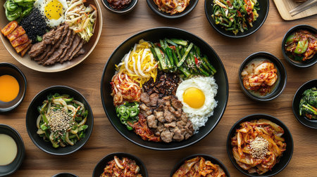 A colorful array of traditional Korean dishes beautifully arranged on a wooden table, showcasing a delicious meal featuring rice, vegetables, and beef.の素材