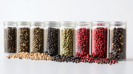 Colorful spices arranged in clear jars on a white surface showcase a vibrant assortment of natural ingredients perfect for culinary creations.の素材