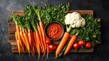 An arranged flat lay of fresh vegetables including carrots, cauliflower, and tomatoes, served with a vibrant red dip on a rustic wooden board. Perfect for healthy cooking and meal preparation.の素材