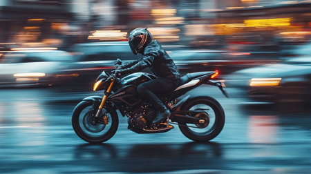 A motorcycle rider speeds through a vibrant cityscape at dusk, showcasing the thrill of urban adventure. The blurred motion emphasizes movement and excitement.の素材