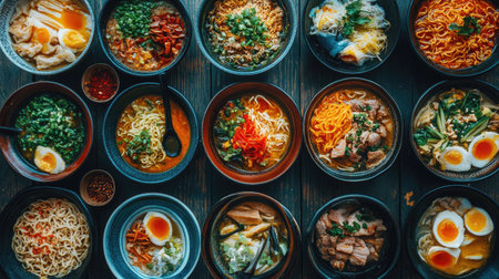 A vibrant overhead shot of diverse Asian noodle dishes arranged in bowls, showcasing rich colors and textures, perfect for food lovers and culinary enthusiasts.の素材