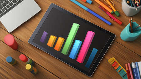 A vibrant digital bar graph displayed on a tablet, surrounded by office supplies, highlighting data analysis and modern workspace aesthetics.の素材