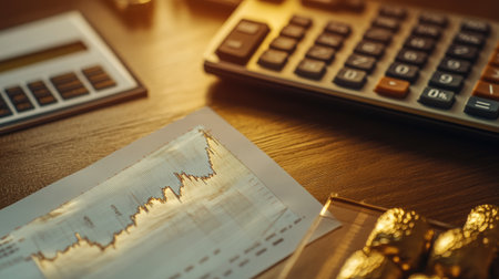 A close-up view of a calculator, financial graph, and office tools on a desk, symbolizing financial analysis and market trends for business success.の素材