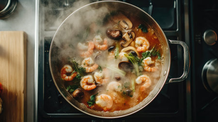 A vibrant pot of shrimp and vegetables simmering in a flavorful broth. The steam rises, showcasing the fresh ingredients in a cozy kitchen setting.の素材