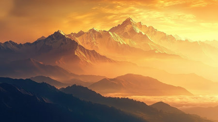 Majestic mountain landscape bathed in warm sunset hues. The serene atmosphere creates a peaceful scene, perfect for nature lovers and adventurers.の素材