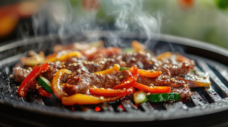 This vibrant image showcases sizzling meat and colorful vegetables on a grill, emitting steam and capturing the essence of delicious outdoor cooking. Perfect for culinary themes.の素材