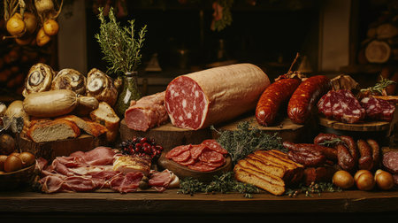 A beautifully arranged selection of assorted meats and charcuterie on a rustic table, showcasing rich textures and vibrant colors for culinary enthusiasts.の素材