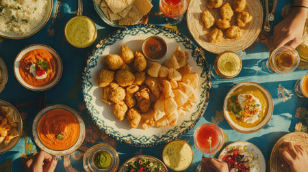 A colorful array of traditional Indian dishes on a vibrant table, featuring appetizers, dips, and drinks, perfect for a festive gathering.の素材