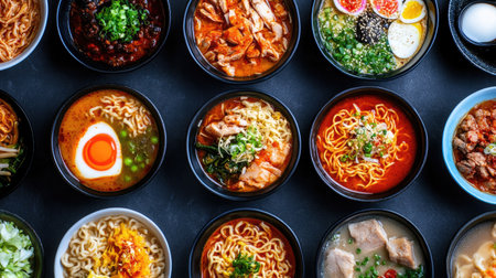 Explore an array of delicious Asian noodle dishes beautifully arranged in bowls, showcasing a mix of colors and textures perfect for any meal.の素材