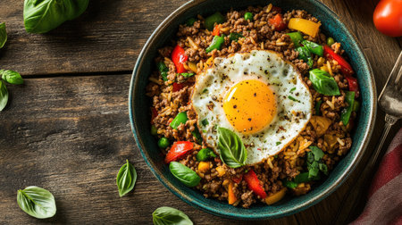 A colorful bowl featuring savory beef, rice, and a fried egg, garnished with fresh basil and vibrant vegetables. Perfect for a healthy meal.の素材
