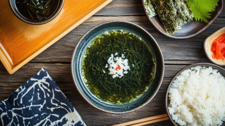 A beautifully arranged bowl of fresh seaweed soup, paired with rice and other traditional Japanese dishes, showcasing a vibrant and healthy meal.の素材