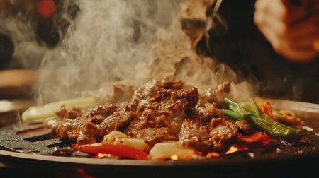 Delicious grilled meat and vegetables sizzle on an open flame, releasing aromatic smoke. A vibrant and flavorful dish, perfect for culinary enthusiasts.の素材