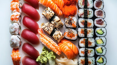 A vibrant sushi platter showcasing an array of fresh sushi, including rolls, sashimi, and unique garnishes. Perfect for culinary enthusiasts and food lovers.の素材