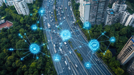 Aerial view of a bustling city highway showcasing digital connectivity icons, representing modern urban transportation and technology integration.の素材