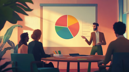 A professional setting featuring a business presentation with a speaker engaging a diverse audience, highlighting key data on a colorful chart.の素材