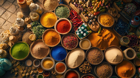 A vibrant display of various spices and herbs arranged in bowls at a market stall. The colorful assortment showcases natural ingredients used in diverse cuisines.の素材