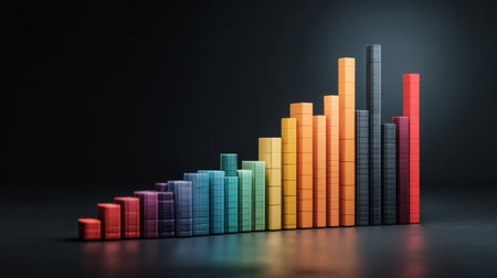 Colorful bar graph representing data growth and analysis with a smooth gradient transition from cool to warm tones, set against a dark background for emphasis.の素材