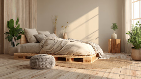 A serene minimalistic bedroom showcasing a wooden pallet bed adorned with soft bedding. Sunlight streams in, highlighting indoor plants and warm textures.の素材