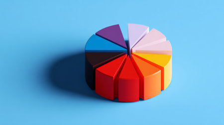 Unique and vibrant pie chart sitting on a bright blue backdrop, perfect for illustrating various data analyses and business presentations in a creative manner.の素材