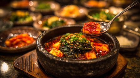 A mouth-watering Korean dish presented in a stone bowl, featuring spicy sauce and fresh garnished vegetables, perfect for showcasing traditional dining experiences.の素材