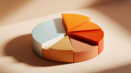 This striking pie chart design showcases colorful segments, ideal for representing data analysis and segmentation on a stylish, minimalist backdrop with soft lighting.の素材
